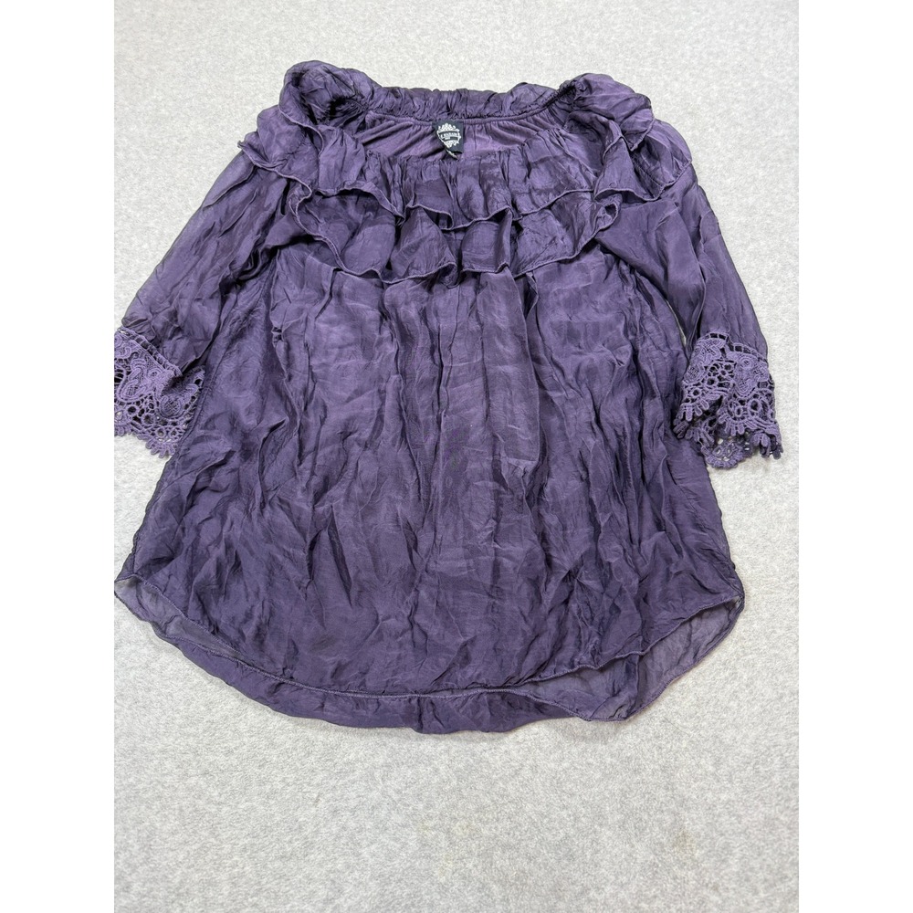 Le Marais Paris Purple Silk Italian Blouse Sheer Ruffle Romantic XL